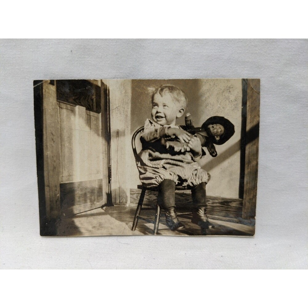 Early 1900s Boy On Chair With Doll Toy Photograph 3" X 2"